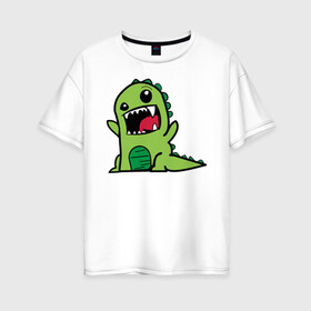 Женская футболка хлопок Oversize с принтом Дракон в Курске, 100% хлопок | свободный крой, круглый ворот, спущенный рукав, длина до линии бедер
 | дракон | зеленый | зубы | мульт | мультяшный | страшный