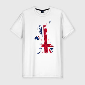 Мужская футболка хлопок Slim с принтом Великобритания в Курске, 92% хлопок, 8% лайкра | приталенный силуэт, круглый вырез ворота, длина до линии бедра, короткий рукав | карта | мира | остров | силуэт | страны | флаг