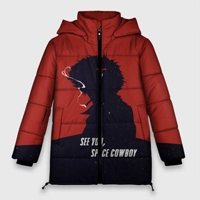 Женская зимняя куртка Oversize с принтом Cowboy Bebop - Spike в Курске, верх — 100% полиэстер; подкладка — 100% полиэстер; утеплитель — 100% полиэстер | длина ниже бедра, силуэт Оверсайз. Есть воротник-стойка, отстегивающийся капюшон и ветрозащитная планка. 

Боковые карманы с листочкой на кнопках и внутренний карман на молнии | anime | bebop | cowboy | cowboy bebop | fantastic | japan | japanese | lets jam | oldschool | space | spike | аниме | анимэ | бибоп | вестерн | классика | ковбой | ковбой бибоп | космический | космос | спайк | фантастика | япония | японский