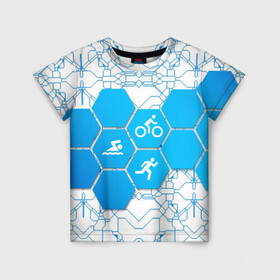 Детская футболка 3D с принтом Плыви, Крути, Беги в Курске, 100% гипоаллергенный полиэфир | прямой крой, круглый вырез горловины, длина до линии бедер, чуть спущенное плечо, ткань немного тянется | Тематика изображения на принте: bike | ironman | run | running | swim | swimming | triathlon | бег | бегун | велосипед | велоспорт | выносливость | железный человек | плавание | спорт на выносливость | триатлон | цикличный вид спорта