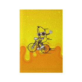 Обложка для паспорта матовая кожа с принтом Банан на велосипеде в Курске, натуральная матовая кожа | размер 19,3 х 13,7 см; прозрачные пластиковые крепления | байк | банан | бананчик | велик | велосипед | живой банан | спорт