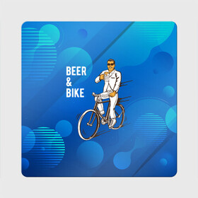Магнит виниловый Квадрат с принтом Велосипед и пиво в Курске, полимерный материал с магнитным слоем | размер 9*9 см, закругленные углы | Тематика изображения на принте: без рук | вело | велосипед | велосипедист | колеса | руль | спорт