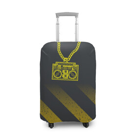 Чехол для чемодана 3D с принтом Золотой магнитофон на цепи в Курске, 86% полиэфир, 14% спандекс | двустороннее нанесение принта, прорези для ручек и колес | бумбокс | золотая цепь | золото | магнитофон | музыка | цепь