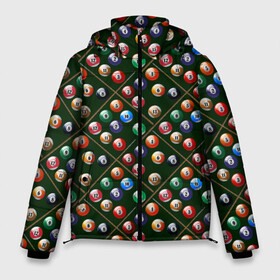Мужская зимняя куртка 3D с принтом Бильярд в Курске, верх — 100% полиэстер; подкладка — 100% полиэстер; утеплитель — 100% полиэстер | длина ниже бедра, свободный силуэт Оверсайз. Есть воротник-стойка, отстегивающийся капюшон и ветрозащитная планка. 

Боковые карманы с листочкой на кнопках и внутренний карман на молнии. | Тематика изображения на принте: a game | balls | billiards | eight | pool | russian billiards | snooker | tournament | бильярд | восьмерка | игра | пул | русский бильярд | снукер | турнир | шары
