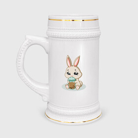 Кружка пивная с принтом Зайчик пьет коктейль в Курске,  керамика (Материал выдерживает высокую температуру, стоит избегать резкого перепада температур) |  объем 630 мл | bunny | usagi | животное | зайка | зайчик | заяц | кролик | кроля | орнамент | уши