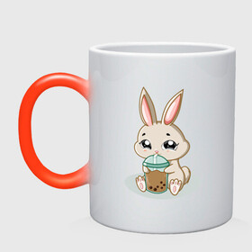 Кружка хамелеон с принтом Зайчик пьет коктейль в Курске, керамика | меняет цвет при нагревании, емкость 330 мл | Тематика изображения на принте: bunny | usagi | животное | зайка | зайчик | заяц | кролик | кроля | орнамент | уши