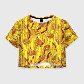 Женская футболка Crop-top 3D с принтом Солнечные пираньи в Курске, 100% полиэстер | круглая горловина, длина футболки до линии талии, рукава с отворотами | лето | медовый | монстры | пираньи | под водой | рыбы | солнечный. желтый