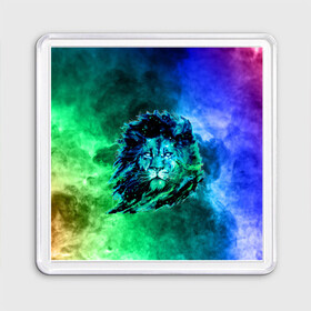 Магнит 55*55 с принтом Космический лев в Курске, Пластик | Размер: 65*65 мм; Размер печати: 55*55 мм | Тематика изображения на принте: космический лев | лев | лев на фоне дыма | разноцветный лев | цветной дым