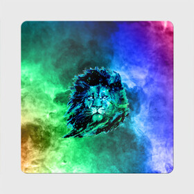 Магнит виниловый Квадрат с принтом Космический лев в Курске, полимерный материал с магнитным слоем | размер 9*9 см, закругленные углы | космический лев | лев | лев на фоне дыма | разноцветный лев | цветной дым