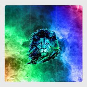 Магнитный плакат 3Х3 с принтом Космический лев в Курске, Полимерный материал с магнитным слоем | 9 деталей размером 9*9 см | космический лев | лев | лев на фоне дыма | разноцветный лев | цветной дым