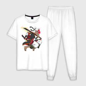 Мужская пижама хлопок с принтом Honey badger samurai в Курске, 100% хлопок | брюки и футболка прямого кроя, без карманов, на брюках мягкая резинка на поясе и по низу штанин
 | Тематика изображения на принте: барсук | зверь | иллюстрация | китай | медоед | самурай