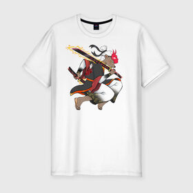 Мужская футболка хлопок Slim с принтом Honey badger samurai в Курске, 92% хлопок, 8% лайкра | приталенный силуэт, круглый вырез ворота, длина до линии бедра, короткий рукав | барсук | зверь | иллюстрация | китай | медоед | самурай