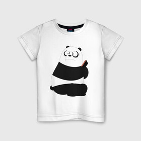 Детская футболка хлопок с принтом Возмущенная панда в Курске, 100% хлопок | круглый вырез горловины, полуприлегающий силуэт, длина до линии бедер | белый медведь | возмущение | животное | зависимость | медведь | панда | телефон