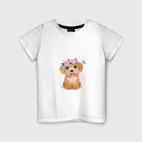 Детская футболка хлопок с принтом Пудель и цветы в Курске, 100% хлопок | круглый вырез горловины, полуприлегающий силуэт, длина до линии бедер | cute | dog | poodle | woof | гав | забавный | пес | песель | песик | пудель | смешной | собака | собачка | щенок