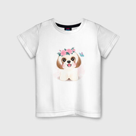 Детская футболка хлопок с принтом Ши-тцу собака в Курске, 100% хлопок | круглый вырез горловины, полуприлегающий силуэт, длина до линии бедер | cute | dog | shih tzu | woof | гав | забавный | пес | песель | песик | смешной | собака | собачка | ши тцу | щенок