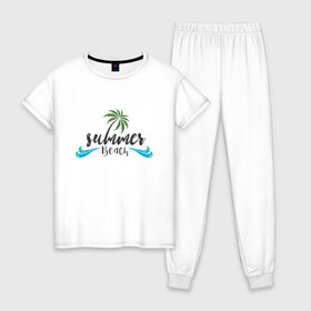 Женская пижама хлопок с принтом Summer Beach в Курске, 100% хлопок | брюки и футболка прямого кроя, без карманов, на брюках мягкая резинка на поясе и по низу штанин | иллюстрация | лето | отдых | пальма | пляж