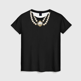 Женская футболка 3D с принтом Жемчуга в Курске, 100% полиэфир ( синтетическое хлопкоподобное полотно) | прямой крой, круглый вырез горловины, длина до линии бедер | богатство | бусы | жемчуг | колье | маленькое чёрное | подвеска | украшения