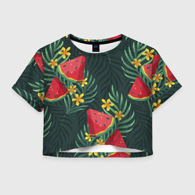 Женская футболка Crop-top 3D с принтом Арзуб и папоротник в Курске, 100% полиэстер | круглая горловина, длина футболки до линии талии, рукава с отворотами | арбуз | арт | иллюстрация | папоротник | цветок | ягода