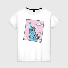 Женская футболка хлопок с принтом Liberty Pizza в Курске, 100% хлопок | прямой крой, круглый вырез горловины, длина до линии бедер, слегка спущенное плечо | еда | пицца | прикол | статуя свободы | сша | фастфуд | юмор