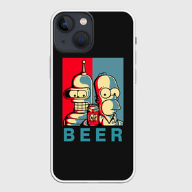 Чехол для iPhone 13 mini с принтом Гомер х Бендер в Курске,  |  | Тематика изображения на принте: bender | futurama | gomer | simpsons | the simpson | бендер | гомер | мульт | мультфильм | симпсоны | футурама
