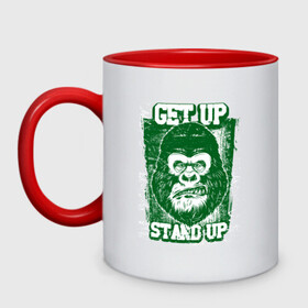 Кружка двухцветная с принтом Get Up - Stand Up в Курске, керамика | объем — 330 мл, диаметр — 80 мм. Цветная ручка и кайма сверху, в некоторых цветах — вся внутренняя часть | bob marley | get up | get up stand up | gorilla | stand up | боб марли | вставай | горилла | обезьяна