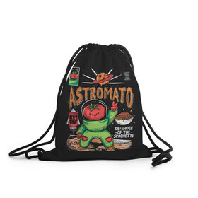 Рюкзак-мешок 3D с принтом Astromato в Курске, 100% полиэстер | плотность ткани — 200 г/м2, размер — 35 х 45 см; лямки — толстые шнурки, застежка на шнуровке, без карманов и подкладки | Тематика изображения на принте: alive | astronaut | defender | food | galaxy | ketchup | monster | moon | pizza | planet | space | spaghetti | tomato | vegetable | астронавт | галактика | еда | живая | живой | защитник | кетчуп | космос | луна | монстр | овощ | пицца | планета | помидор