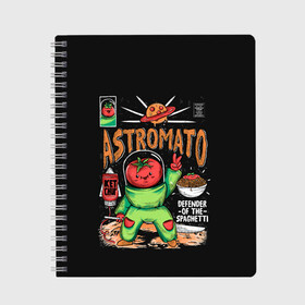 Тетрадь с принтом Astromato в Курске, 100% бумага | 48 листов, плотность листов — 60 г/м2, плотность картонной обложки — 250 г/м2. Листы скреплены сбоку удобной пружинной спиралью. Уголки страниц и обложки скругленные. Цвет линий — светло-серый
 | Тематика изображения на принте: alive | astronaut | defender | food | galaxy | ketchup | monster | moon | pizza | planet | space | spaghetti | tomato | vegetable | астронавт | галактика | еда | живая | живой | защитник | кетчуп | космос | луна | монстр | овощ | пицца | планета | помидор