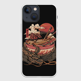 Чехол для iPhone 13 mini с принтом Ramen Protector в Курске,  |  | chinese | clouds | dawn | defender | dragon | fire breathing | japan | monster | protector | ramen | reptile | sticks | sunset | дракон | закат | защитник | китайский | монстр | облака | огнедышащий | палочки | рамен | рамэн | рассвет | япония