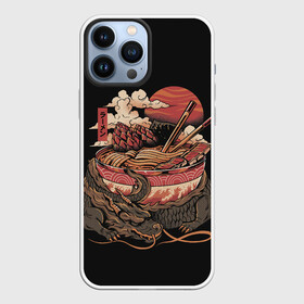 Чехол для iPhone 13 Pro Max с принтом Ramen Protector в Курске,  |  | Тематика изображения на принте: chinese | clouds | dawn | defender | dragon | fire breathing | japan | monster | protector | ramen | reptile | sticks | sunset | дракон | закат | защитник | китайский | монстр | облака | огнедышащий | палочки | рамен | рамэн | рассвет | япония