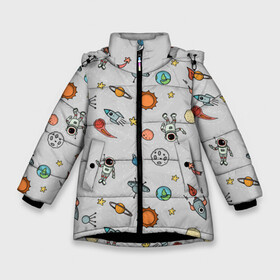 Зимняя куртка для девочек 3D с принтом Космический астронавт в Курске, ткань верха — 100% полиэстер; подклад — 100% полиэстер, утеплитель — 100% полиэстер. | длина ниже бедра, удлиненная спинка, воротник стойка и отстегивающийся капюшон. Есть боковые карманы с листочкой на кнопках, утяжки по низу изделия и внутренний карман на молнии. 

Предусмотрены светоотражающий принт на спинке, радужный светоотражающий элемент на пуллере молнии и на резинке для утяжки. | космос | луна | млечный путь | ракета | станция