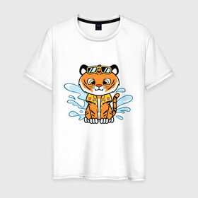 Мужская футболка хлопок с принтом Тигренок на отдыхе в Курске, 100% хлопок | прямой крой, круглый вырез горловины, длина до линии бедер, слегка спущенное плечо. | tiger | брызги воды | вода | животное | зверь | очки | тигр | тигренок | хищник