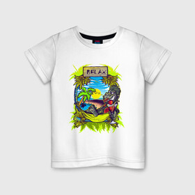 Детская футболка хлопок с принтом RELAX | МОРЕ | ПЛЯЖ в Курске, 100% хлопок | круглый вырез горловины, полуприлегающий силуэт, длина до линии бедер | palm | relax | sea | sun | гамак | горилла | лето | море | небо | обезьяна | отпуск | пальма | пальмы | пляж | релакс | солнце