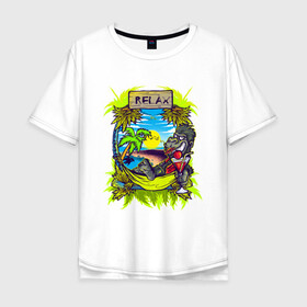 Мужская футболка хлопок Oversize с принтом RELAX | МОРЕ | ПЛЯЖ в Курске, 100% хлопок | свободный крой, круглый ворот, “спинка” длиннее передней части | palm | relax | sea | sun | гамак | горилла | лето | море | небо | обезьяна | отпуск | пальма | пальмы | пляж | релакс | солнце