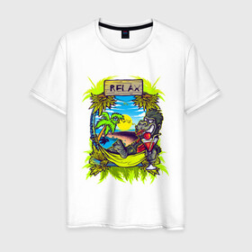 Мужская футболка хлопок с принтом RELAX | МОРЕ | ПЛЯЖ в Курске, 100% хлопок | прямой крой, круглый вырез горловины, длина до линии бедер, слегка спущенное плечо. | palm | relax | sea | sun | гамак | горилла | лето | море | небо | обезьяна | отпуск | пальма | пальмы | пляж | релакс | солнце