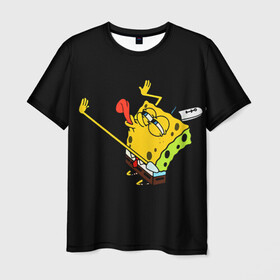 Мужская футболка 3D с принтом SpongeBob 3s в Курске, 100% полиэфир | прямой крой, круглый вырез горловины, длина до линии бедер | Тематика изображения на принте: губка боб | на коленях | облизывает | один | спанч боб