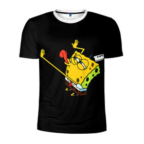 Мужская футболка 3D спортивная с принтом SpongeBob 3s в Курске, 100% полиэстер с улучшенными характеристиками | приталенный силуэт, круглая горловина, широкие плечи, сужается к линии бедра | губка боб | на коленях | облизывает | один | спанч боб