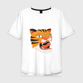 Мужская футболка хлопок Oversize с принтом Mad tiger в Курске, 100% хлопок | свободный крой, круглый ворот, “спинка” длиннее передней части | берсерк | злось | пантера | показывать язык | тигр