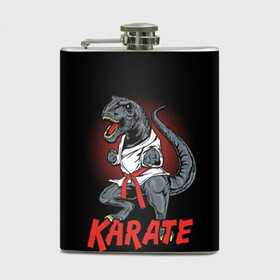 Фляга с принтом KARATE T-REX в Курске, металлический корпус | емкость 0,22 л, размер 125 х 94 мм. Виниловая наклейка запечатывается полностью | Тематика изображения на принте: animal | dinosaur | fight | fighter | hunter | karate | red | sport | strong | t rex | боец | бои | динозавр | карате | сила | спорт | тиранозавр | хищник