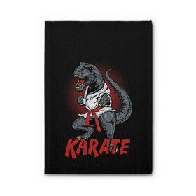 Обложка для автодокументов с принтом KARATE T-REX в Курске, натуральная кожа |  размер 19,9*13 см; внутри 4 больших “конверта” для документов и один маленький отдел — туда идеально встанут права | Тематика изображения на принте: animal | dinosaur | fight | fighter | hunter | karate | red | sport | strong | t rex | боец | бои | динозавр | карате | сила | спорт | тиранозавр | хищник