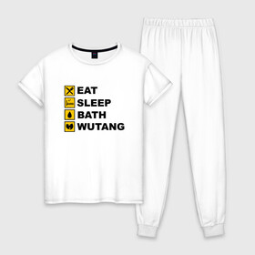 Женская пижама хлопок с принтом Eat, Sleep, Bath, Wu-Tang в Курске, 100% хлопок | брюки и футболка прямого кроя, без карманов, на брюках мягкая резинка на поясе и по низу штанин | Тематика изображения на принте: black | gza | hip hop | method man | music | new york | odb | old school | rap | rza | wu tang | wu tang clan | аудио | винил | ву тэнг | граффити | диджей | кассета | микрофон | музыка | нью йорк | пластинка | рэп | рэпер | хип хоп