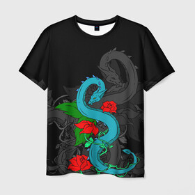 Мужская футболка 3D с принтом Дракон и Розы в Курске, 100% полиэфир | прямой крой, круглый вырез горловины, длина до линии бедер | dragon | rose | дракон | животные | змея | монстр | природа | растения | розы | узор | цветы