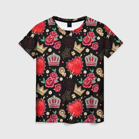 Женская футболка 3D с принтом Корона и розы в Курске, 100% полиэфир ( синтетическое хлопкоподобное полотно) | прямой крой, круглый вырез горловины, длина до линии бедер | абстракция | королева | корона | паттерн | розы | текстуры | узоры | цветы