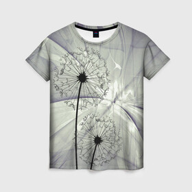 Женская футболка 3D с принтом Одуванчики в Курске, 100% полиэфир ( синтетическое хлопкоподобное полотно) | прямой крой, круглый вырез горловины, длина до линии бедер | волны | мятое | одуванчик | одуванчики | пух | серый фон | цветок