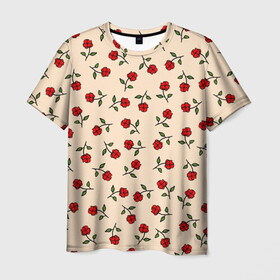 Мужская футболка 3D с принтом Прованс из роз в Курске, 100% полиэфир | прямой крой, круглый вырез горловины, длина до линии бедер | flowers | girls | red roses | roses | vintage | букет | бутоны | винтаж | девушкам | женщинам | красные розы | красные цветы | листья | нарисованные цветы | подарок | природа | прованс | розы | узор | цветочный принт