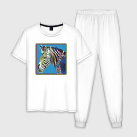 Мужская пижама хлопок с принтом Зебра Энди Уорхол в Курске, 100% хлопок | брюки и футболка прямого кроя, без карманов, на брюках мягкая резинка на поясе и по низу штанин
 | andrew warholaа | andy warhol | art | artist | homo universale | horse | pop art | zebra | африка | животные | зебра | искусство | конь | лошадь | поп арт | саванна | современное искусство | старые картины | уорхол | художник