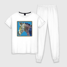Женская пижама хлопок с принтом Зебра Энди Уорхол в Курске, 100% хлопок | брюки и футболка прямого кроя, без карманов, на брюках мягкая резинка на поясе и по низу штанин | andrew warholaа | andy warhol | art | artist | homo universale | horse | pop art | zebra | африка | животные | зебра | искусство | конь | лошадь | поп арт | саванна | современное искусство | старые картины | уорхол | художник
