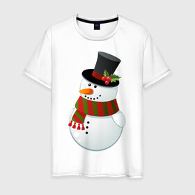 Мужская футболка хлопок с принтом Снеговик в Курске, 100% хлопок | прямой крой, круглый вырез горловины, длина до линии бедер, слегка спущенное плечо. | Тематика изображения на принте: морковка | омела | подарок | рождество | снеговик | цилиндр | шарф