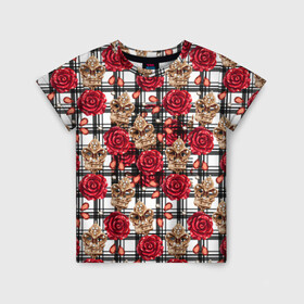 Детская футболка 3D с принтом Розы в клеточку в Курске, 100% гипоаллергенный полиэфир | прямой крой, круглый вырез горловины, длина до линии бедер, чуть спущенное плечо, ткань немного тянется | абстракция | паттерн | розы | текстуры | узоры | цветочки | цветы