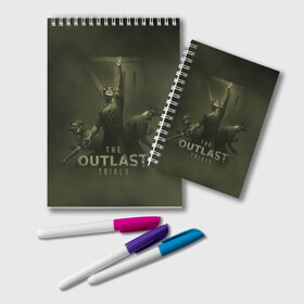 Блокнот с принтом The Outlast Trial в Курске, 100% бумага | 48 листов, плотность листов — 60 г/м2, плотность картонной обложки — 250 г/м2. Листы скреплены удобной пружинной спиралью. Цвет линий — светло-серый
 | Тематика изображения на принте: game | horror | outlast | апшер | аутласт | аутлэст | игра | майлз | меркоф | хоррор