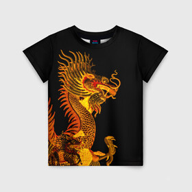 Детская футболка 3D с принтом Золотой китайский дракон в Курске, 100% гипоаллергенный полиэфир | прямой крой, круглый вырез горловины, длина до линии бедер, чуть спущенное плечо, ткань немного тянется | азиатский дракон | дракон | золотой | золотой азиатский дракон | золотой дракон | золотой китайский дракон | золотой японский дракон | китайский дракон | японский дракон
